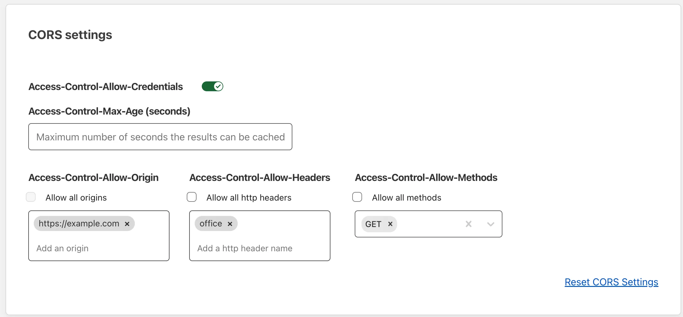 Example CORS settings configuration in Zero Trust