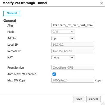 Modify Passthrough Tunnel screen