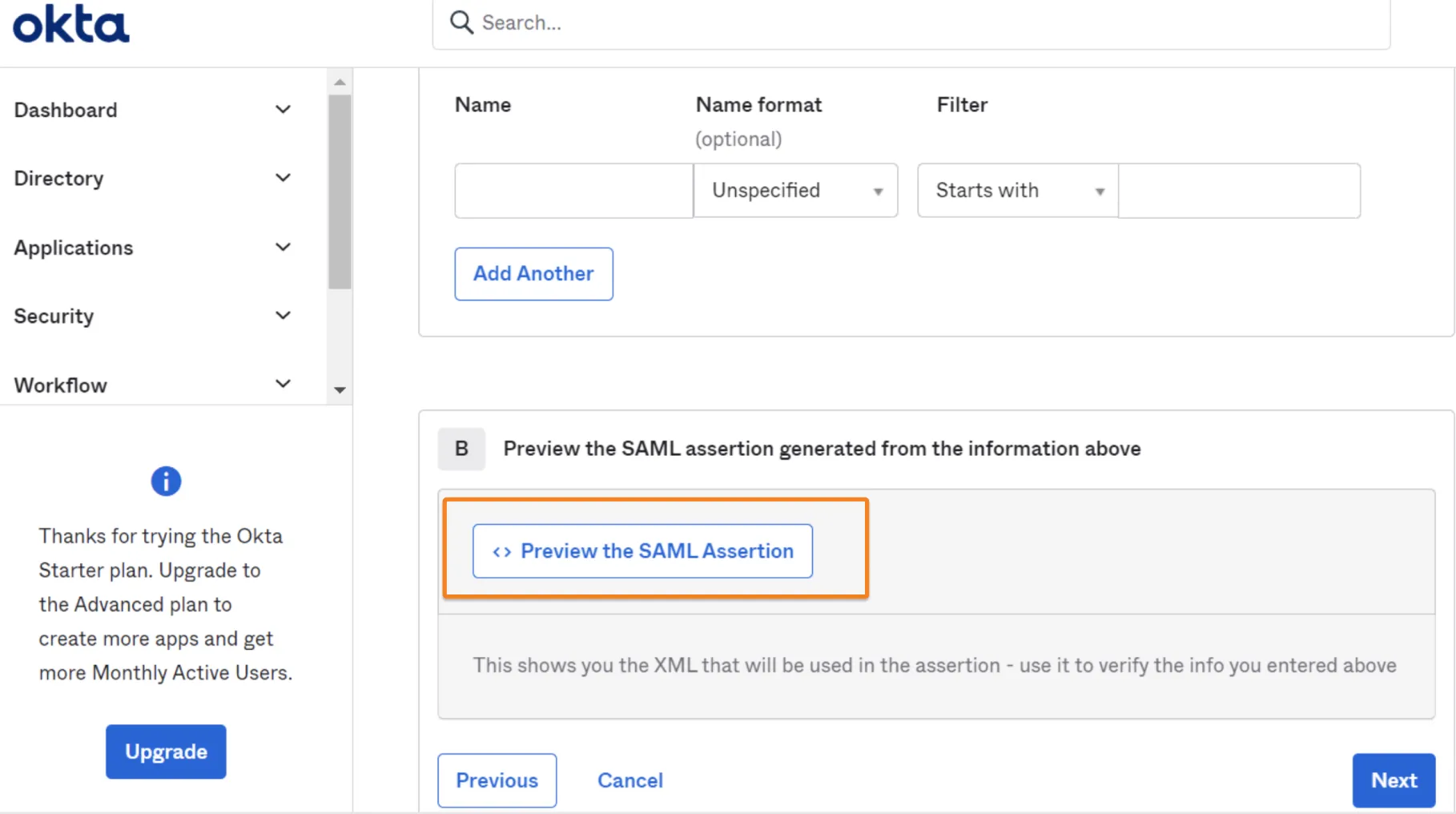 Preview the SAML assertion from the Okta dashboard